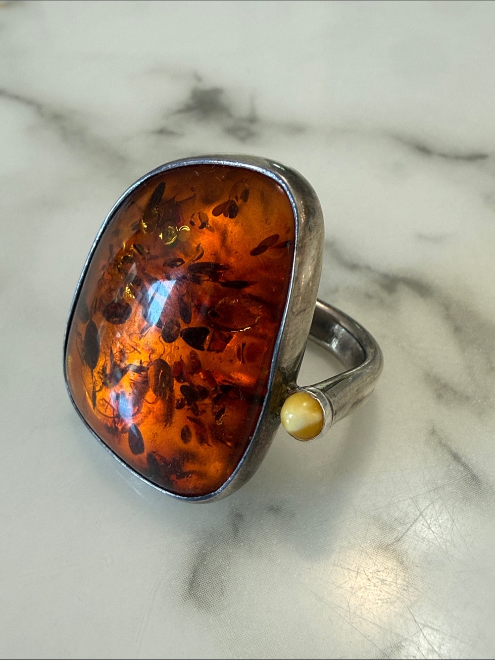 ATI Polish amber and silver ring, size 7